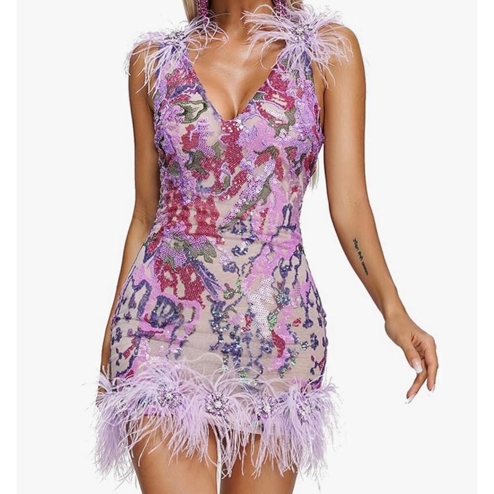 Lavender Sequin Feather Trim Mini Dress